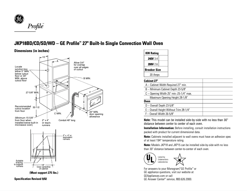 Page 1 de la notice Fiche technique GE Profile JKP18SDSS