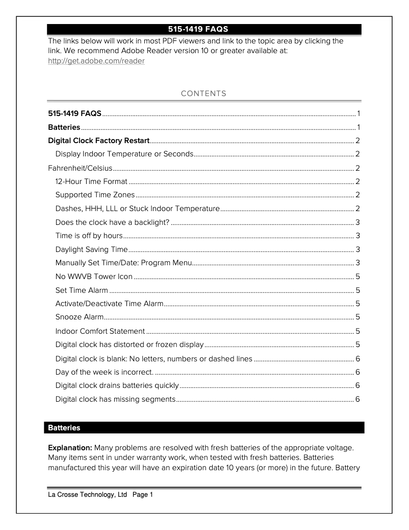 Página 1 del manual Preguntas frecuentes La Crosse Technology 515-1419
