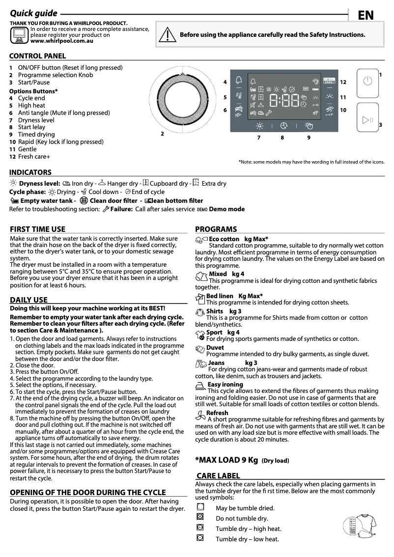 Página 1 del manual Manual de usuario Whirlpool WHP80250
