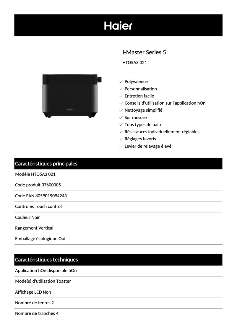 Page 1 de la notice Fiche technique Haier HTO5A3 021
