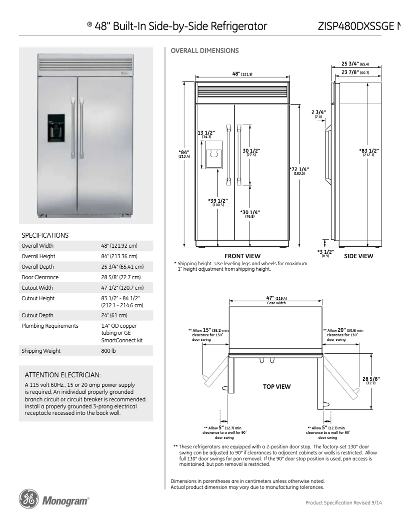 Page 1 de la notice Fiche technique GE ZISP480DXSS