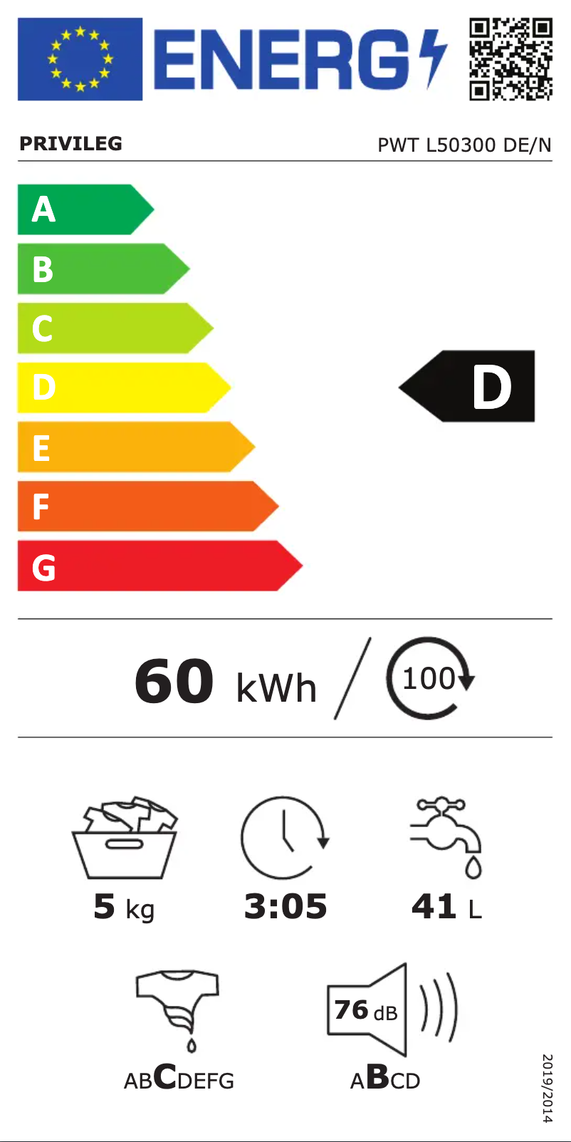 Page 1 de la notice Label énergétique Privileg PWT L50300 DE/N