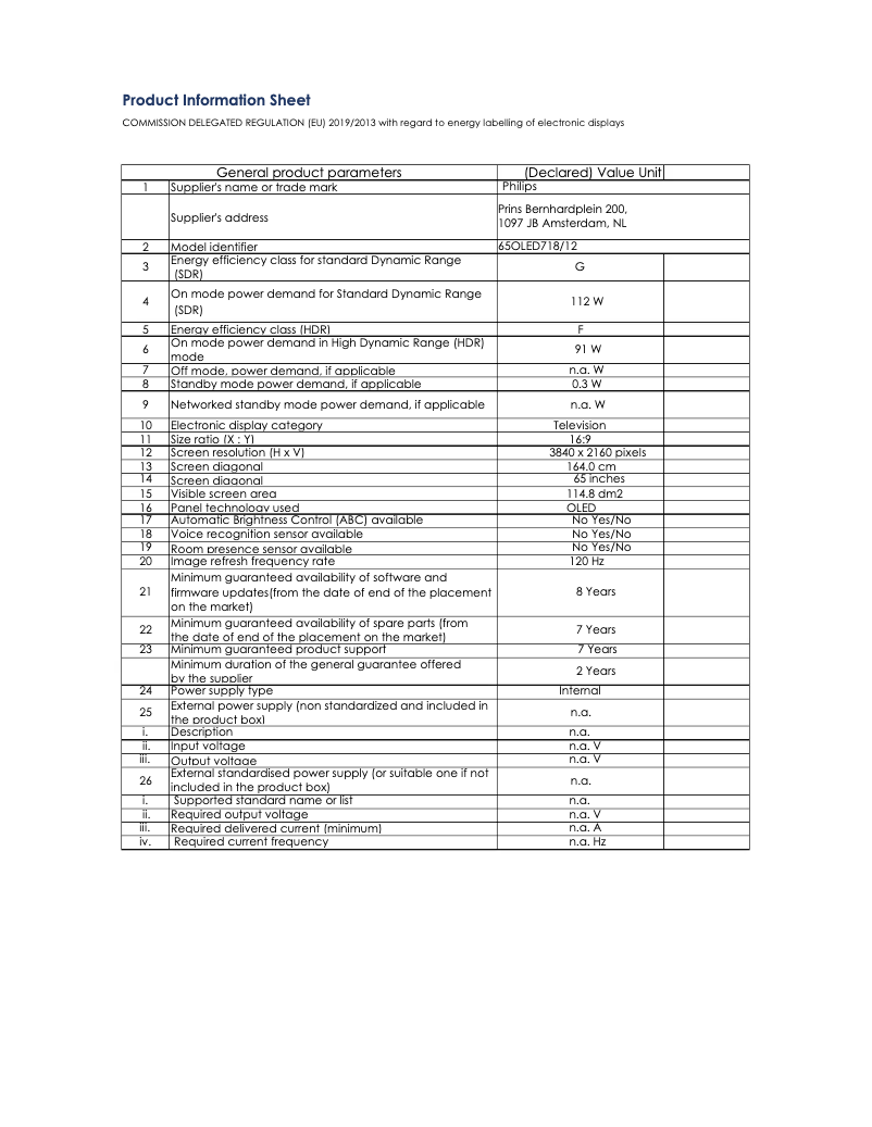 Page n°1 - Fiche technique Philips 65OLED718