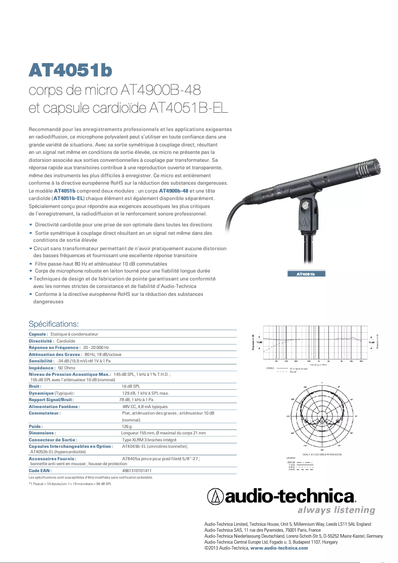 Page n°1 - Fiche technique Audio-Technica AT4051b