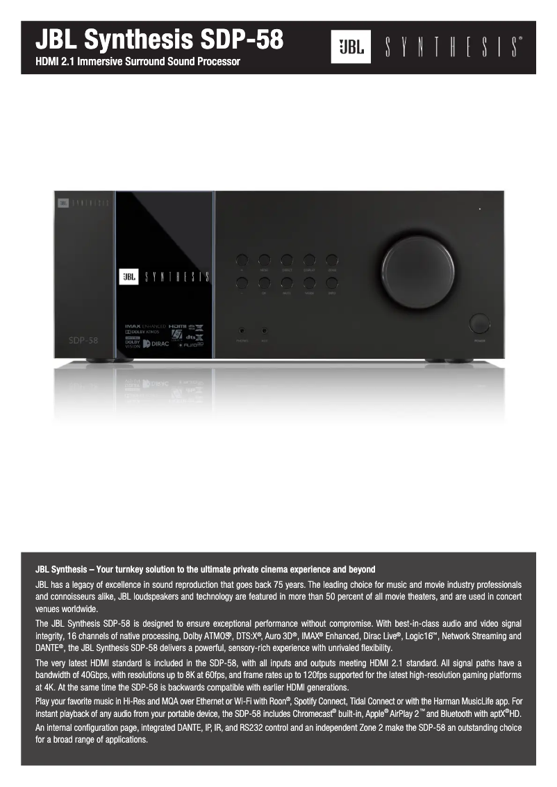 Page 1 de la notice Fiche technique JBL Synthesis SDP-58