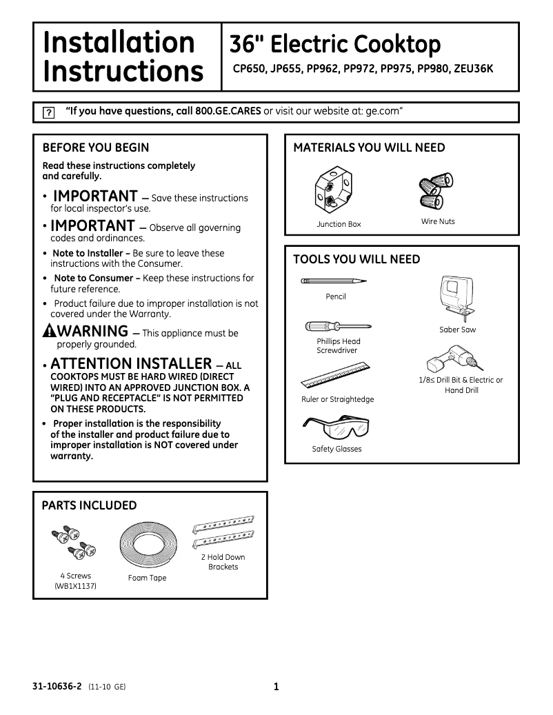 Page n°1 - Guide d'installation GE JP655TKWW