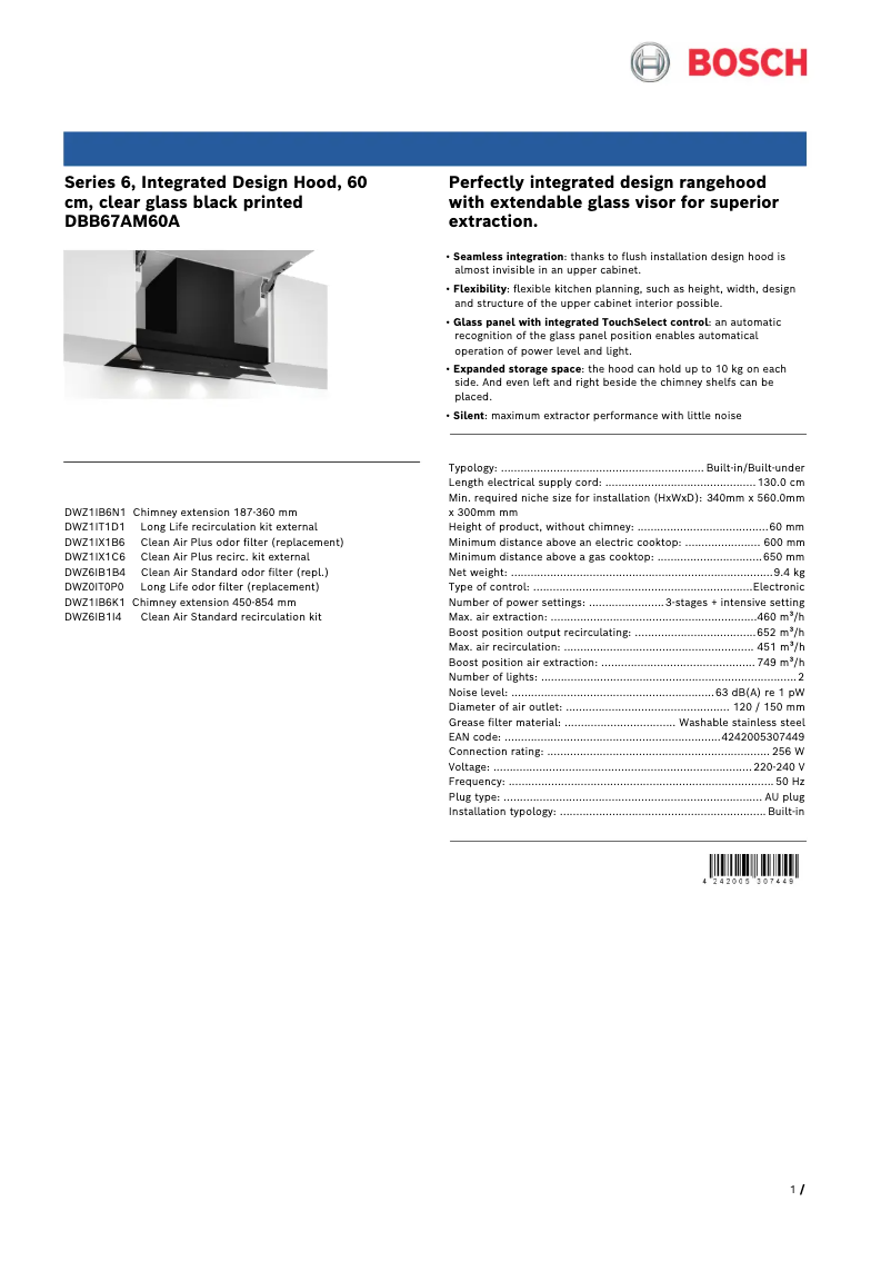 Page 1 de la notice Fiche technique Bosch DBB67AM60A