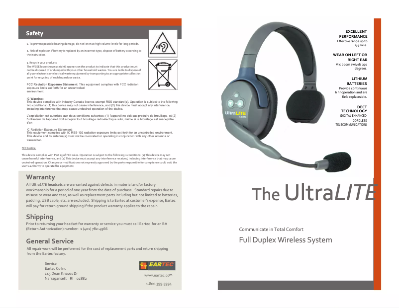 Página 1 del manual Guía de inicio rápido Eartec UltraLITE