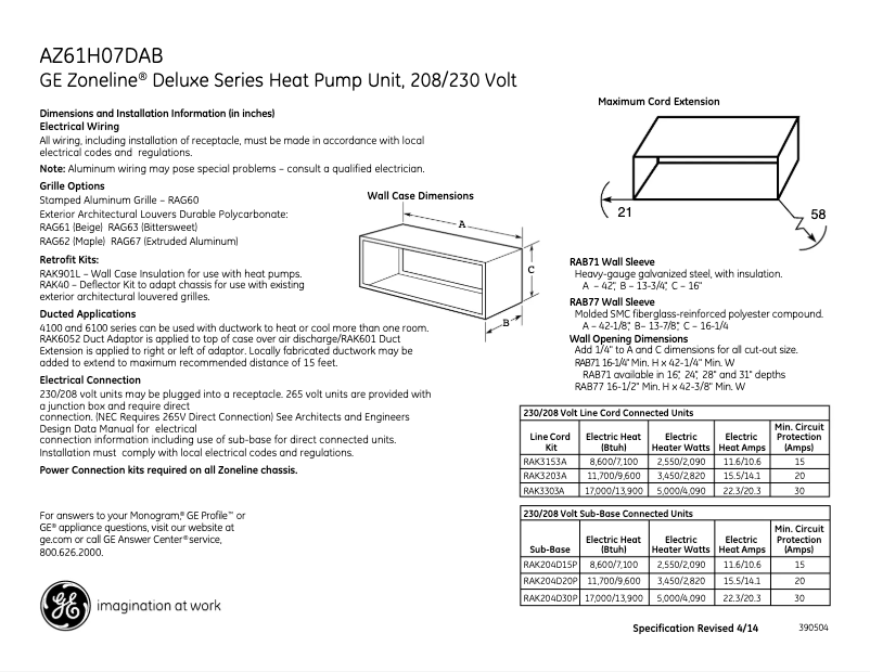 Page 1 of the manual Technical Sheet GE AZ61H07DAB Zoneline