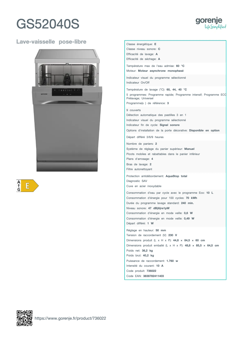 Page 1 de la notice Fiche technique Gorenje GS52040S