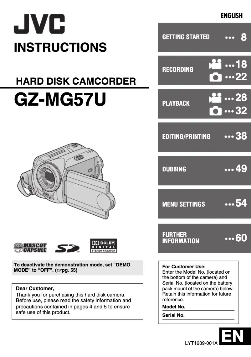 Image de la première page du manuel de l'appareil Everio GZ-MG57