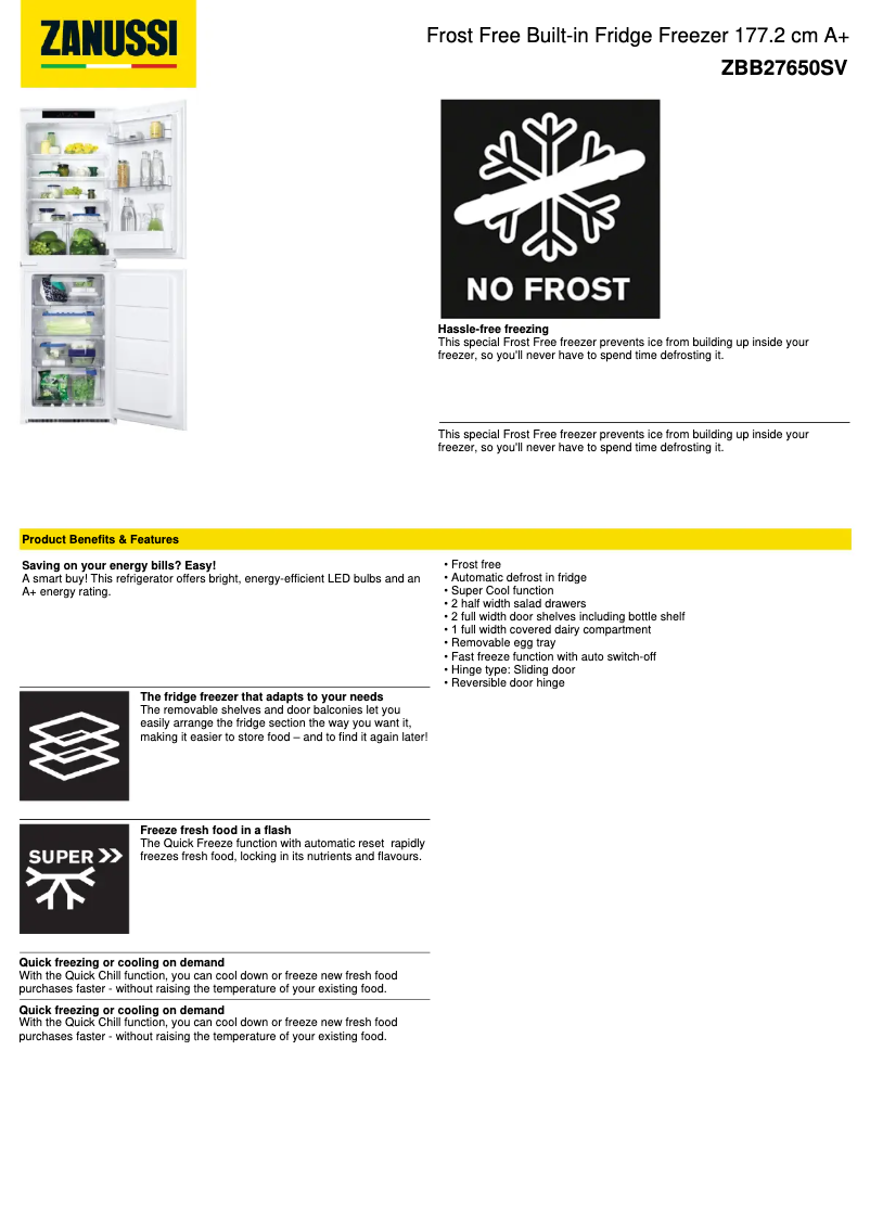 Page 1 de la notice Fiche technique Zanussi ZBB27650SV