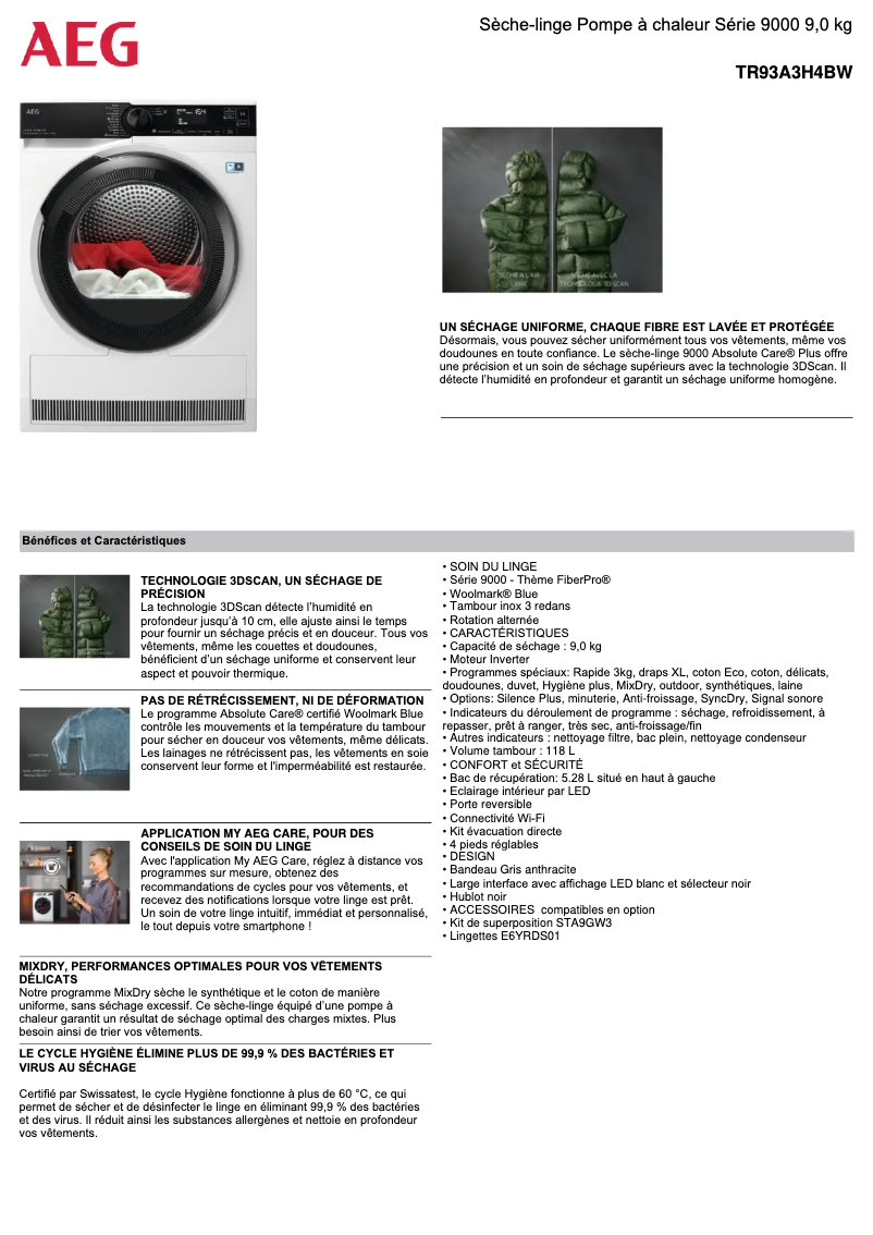 Page n°1 - Fiche technique AEG TR93A3H4BW
