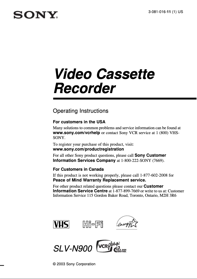 Image de la première page du manuel de l'appareil SLV-N900