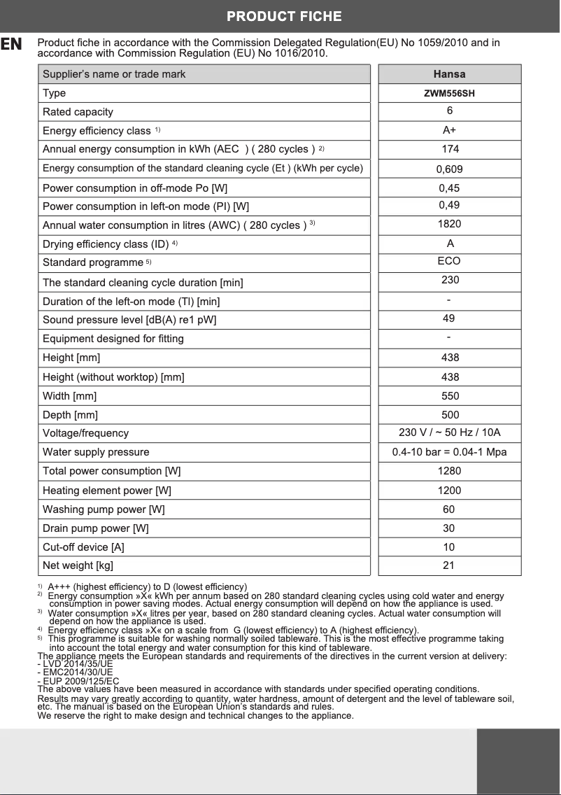 Page n°1 - Fiche technique Hansa ZWM 556 SH