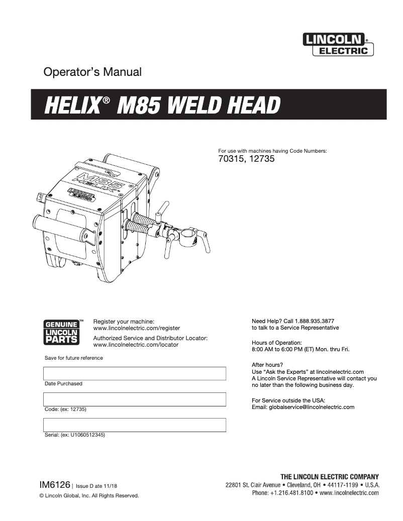 Image de la première page du manuel de l'appareil HELIX M85 Weld Head