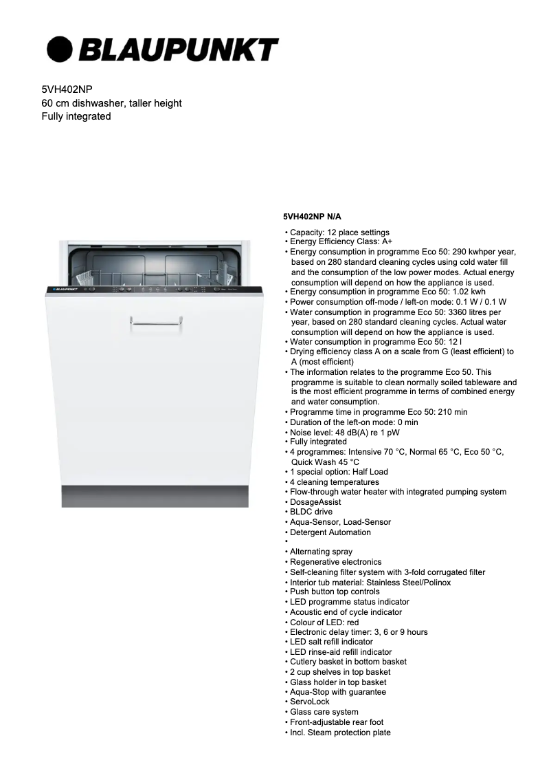 Page 1 de la notice Fiche technique Blaupunkt 5VH402NP