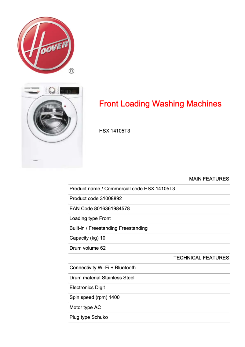Page n°1 - Fiche technique Hoover HSX 14105T3