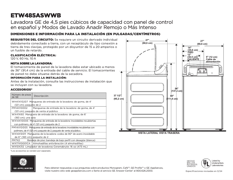 Page 1 de la notice Fiche technique GE ETW485ASWWB