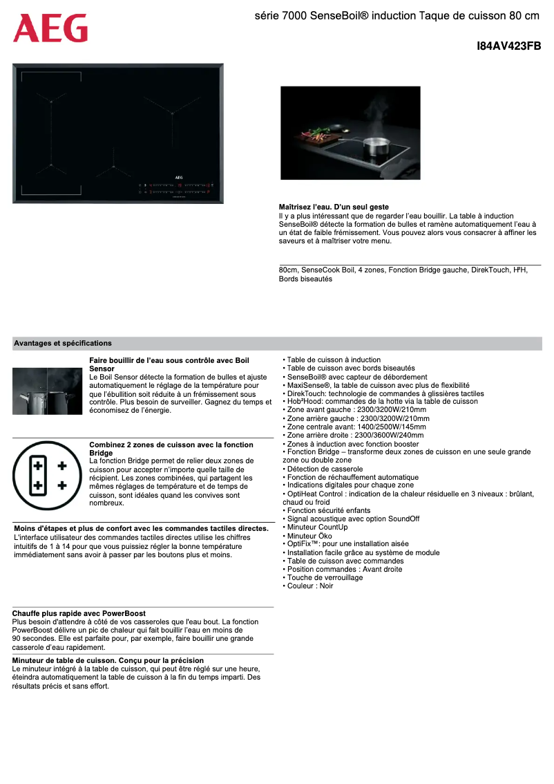 Page 1 de la notice Fiche technique AEG SenseBoil I84AV423FB