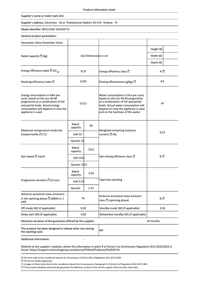 Page 1 de la notice Fiche technique AEG L8FEU165E