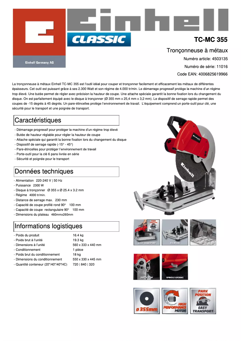 Page 1 de la notice Fiche technique Einhell TC-MC 355
