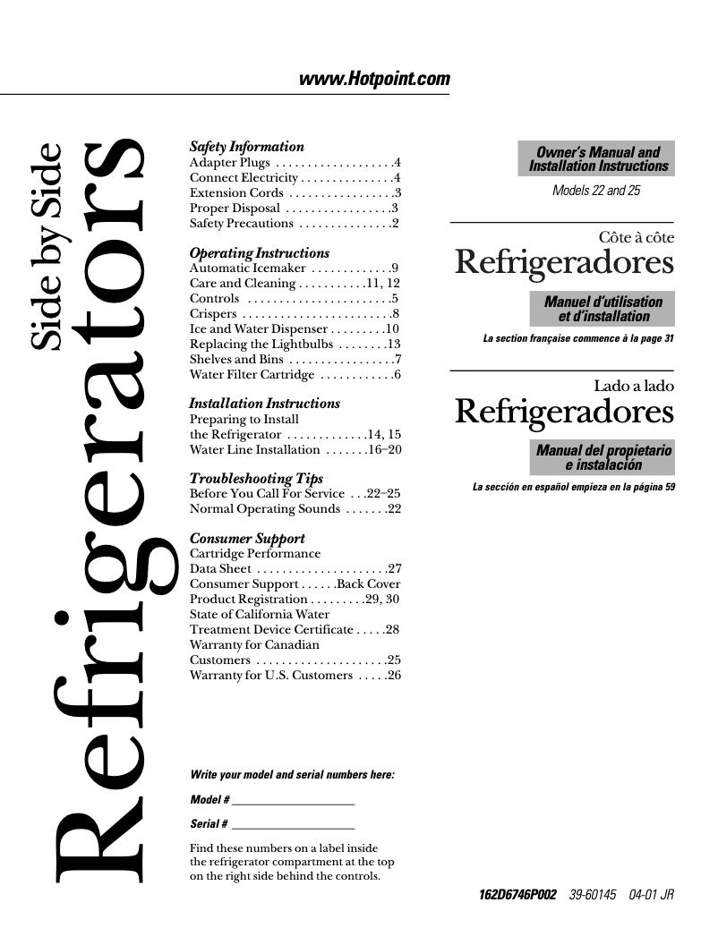 Page 1 de la notice Manuel d'utilisation et d'entretien Hotpoint HSS22IFMWW