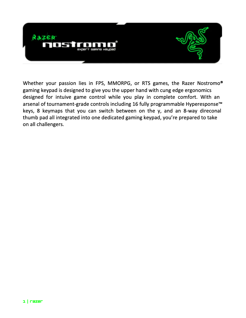 Page 1 de la notice Manuel utilisateur Razer Nostromo Expert Gaming Keypad PC