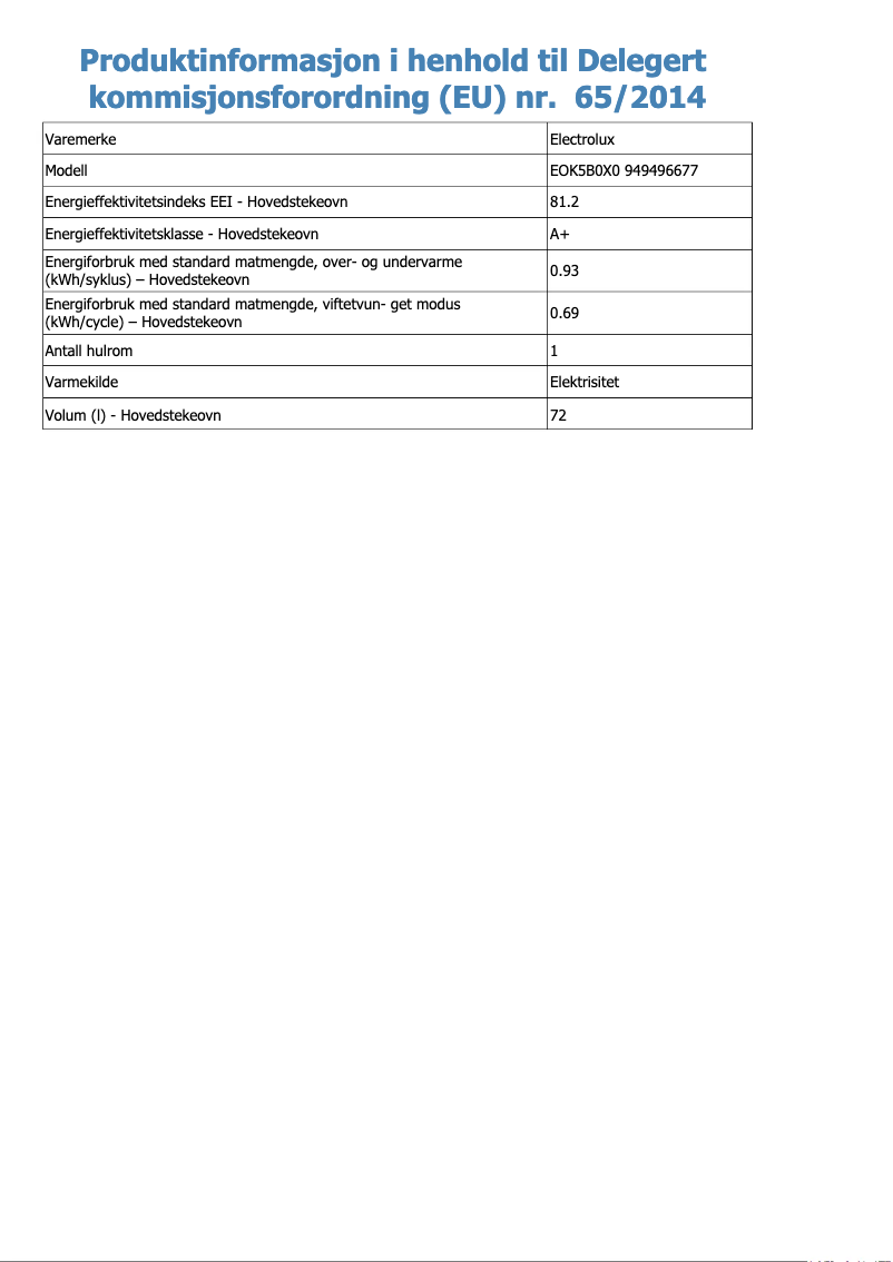 Page 1 de la notice Fiche technique Electrolux EOK5B0X0