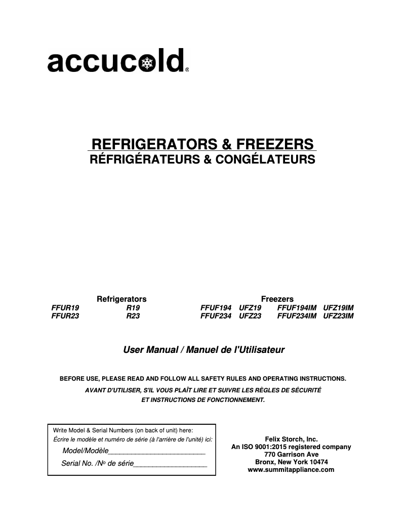 Page 1 de la notice Manuel utilisateur Accucold FFUF194