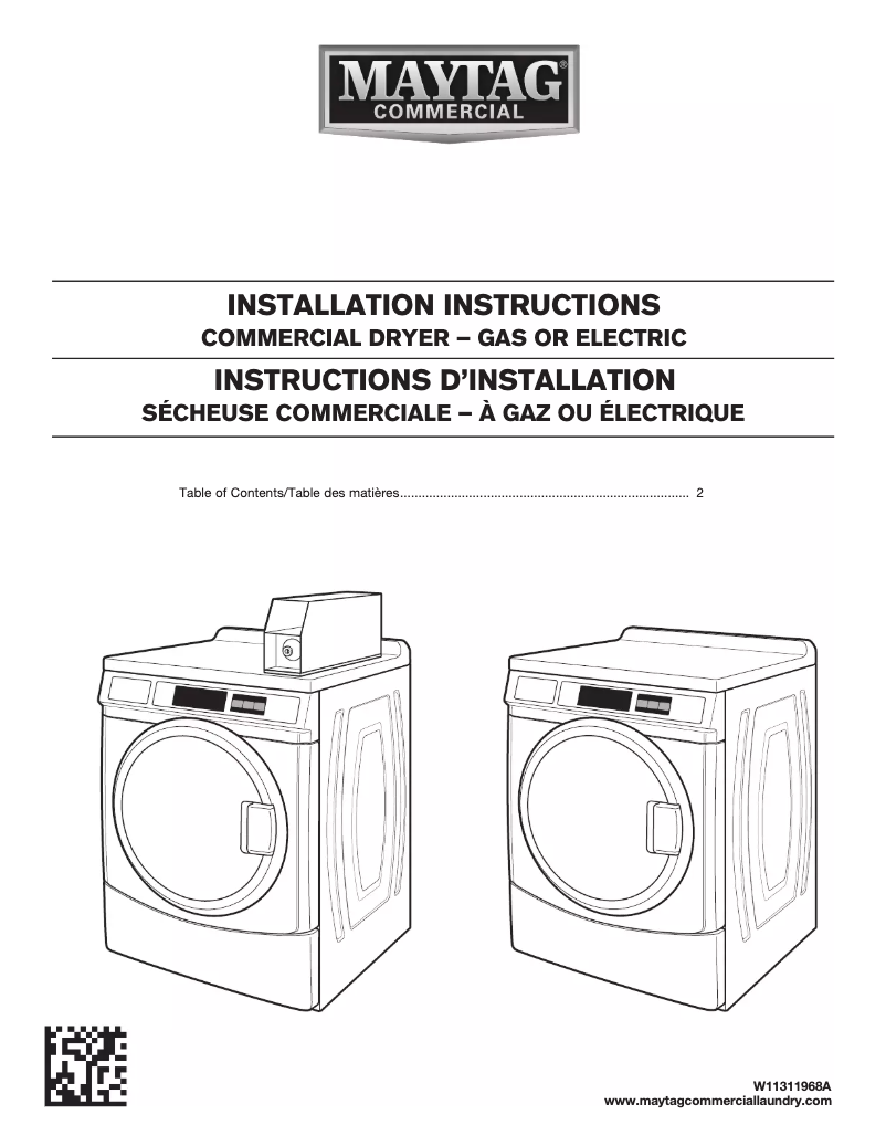 Page n°1 - Guide d'installation Maytag MDE28PDCYW