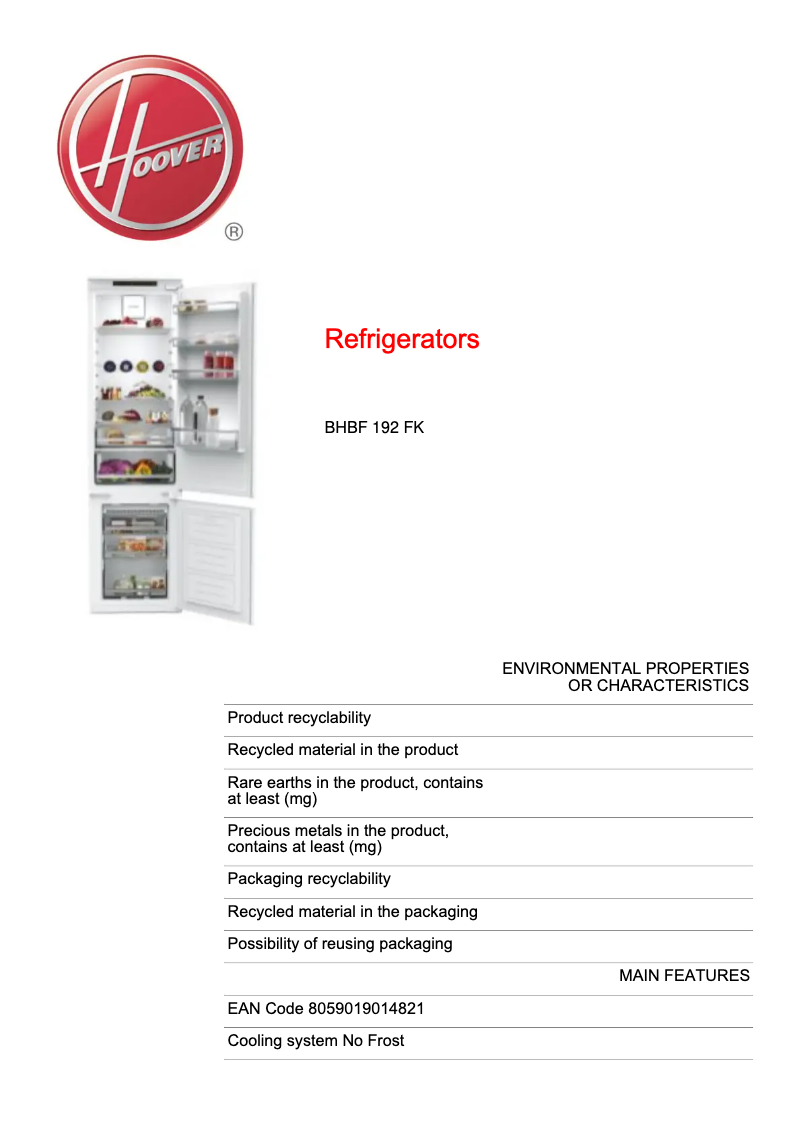 Page n°1 - Fiche technique Hoover BHBF 192 FK