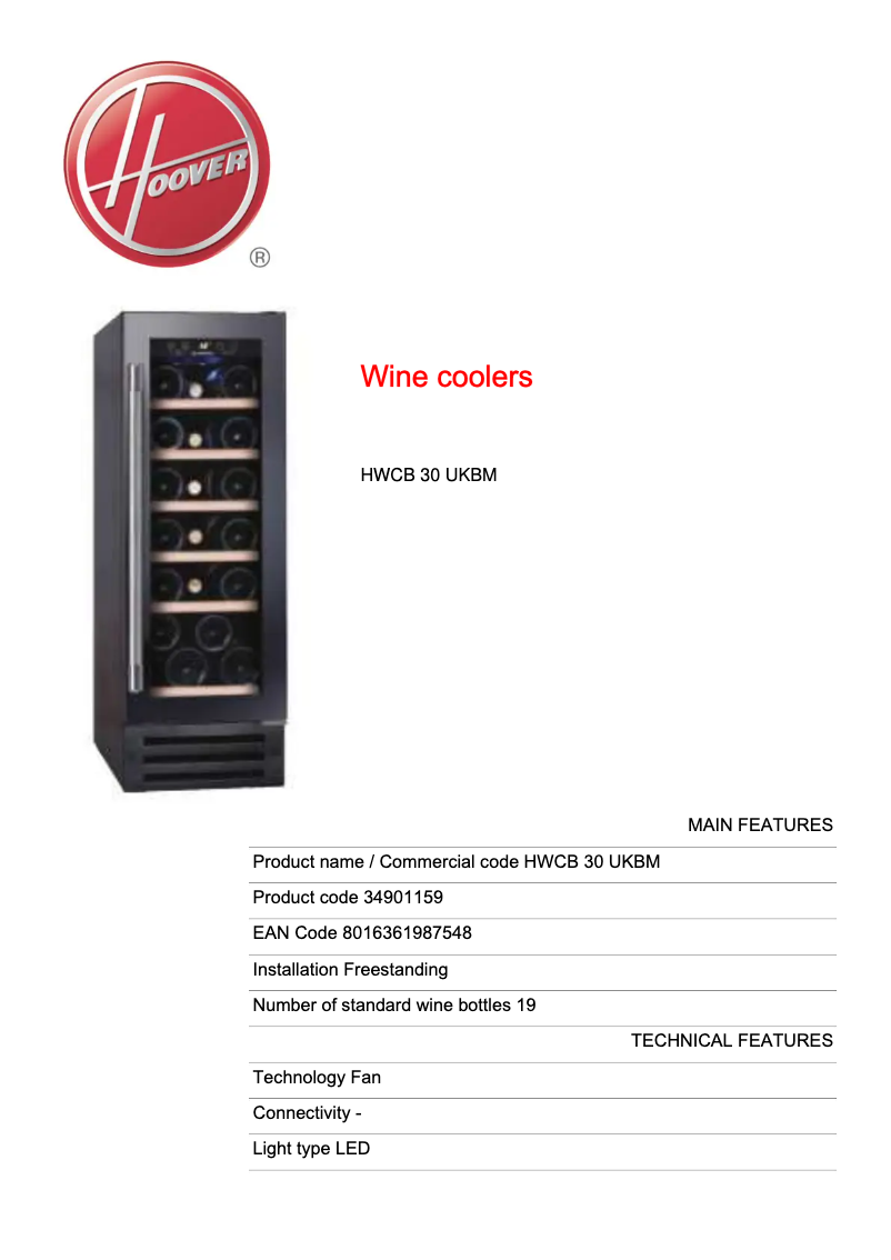 Page 1 of the manual Technical Sheet Hoover HWCB 30 UKBM