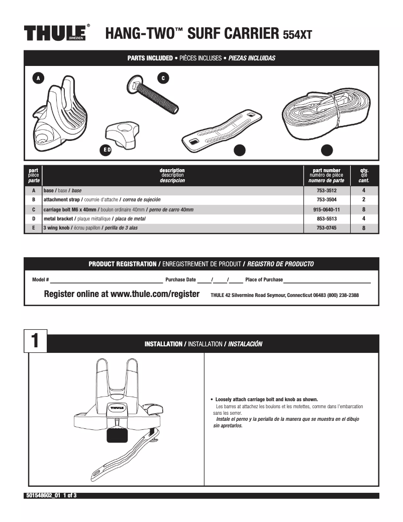 Page 1 de la notice Manuel utilisateur Thule Hang-Two Surf Carrier 554XT