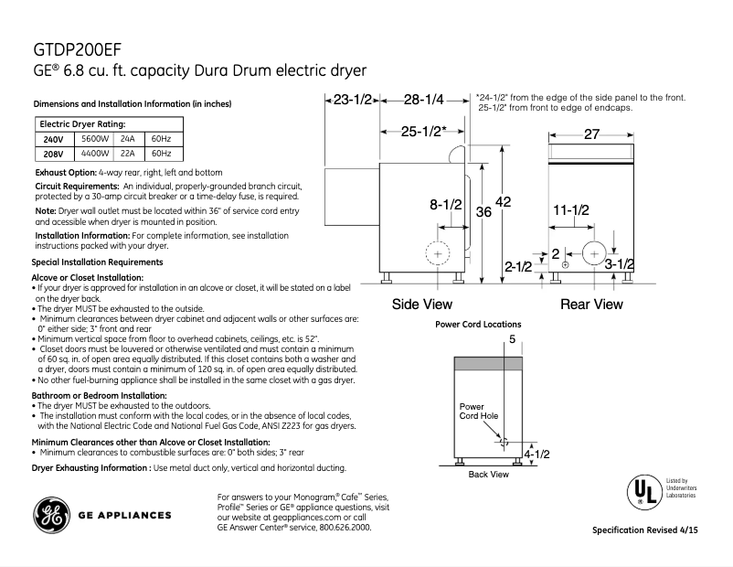 Page n°1 - Fiche technique GE GTDP200EFWS