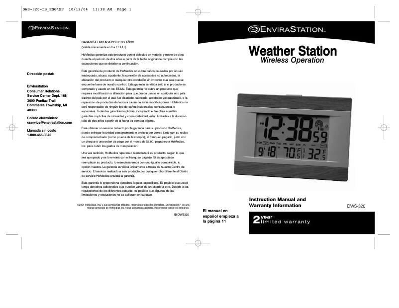 Page n°1 - Manuel utilisateur EnviraStation DWS-320