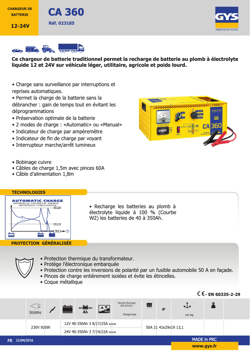 Page n°1 - Fiche technique GYS CA 360