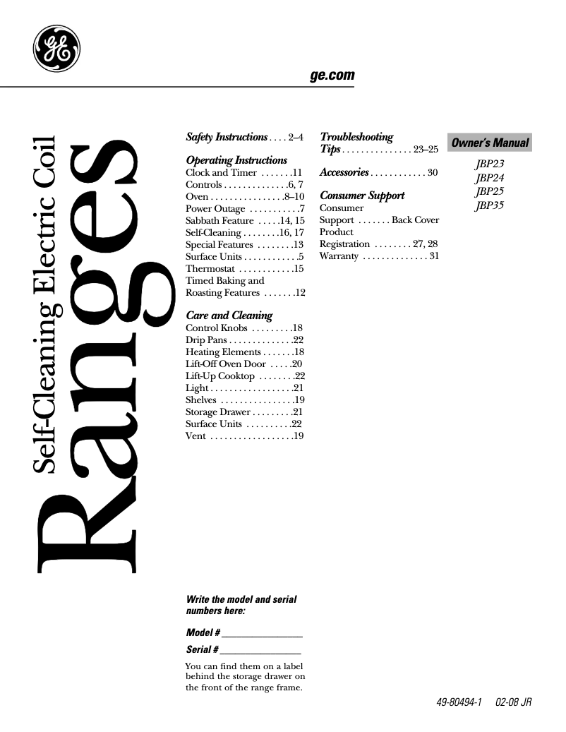 First page image of the manual for JBP35WHWW