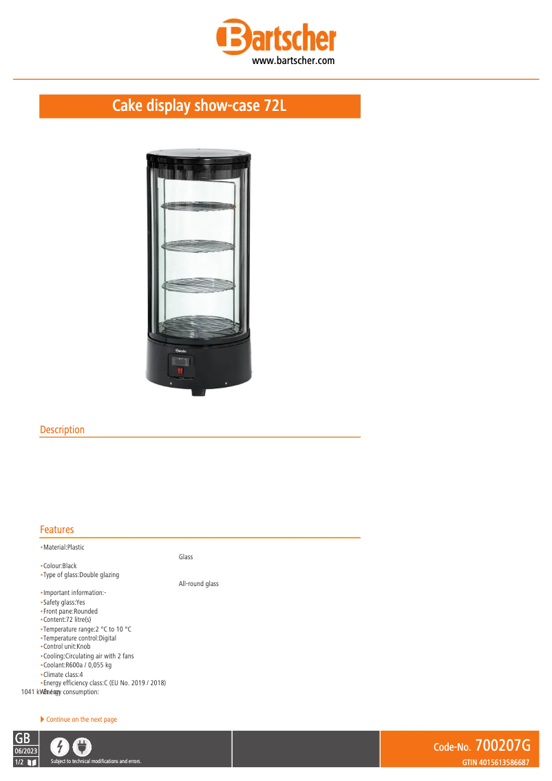 Page 1 de la notice Fiche technique Bartscher 700207G