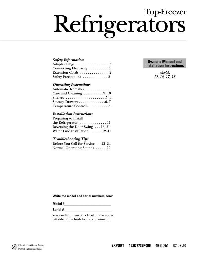 Page n°1 - Manuel d'utilisation et d'entretien GE GTT18FBMWW