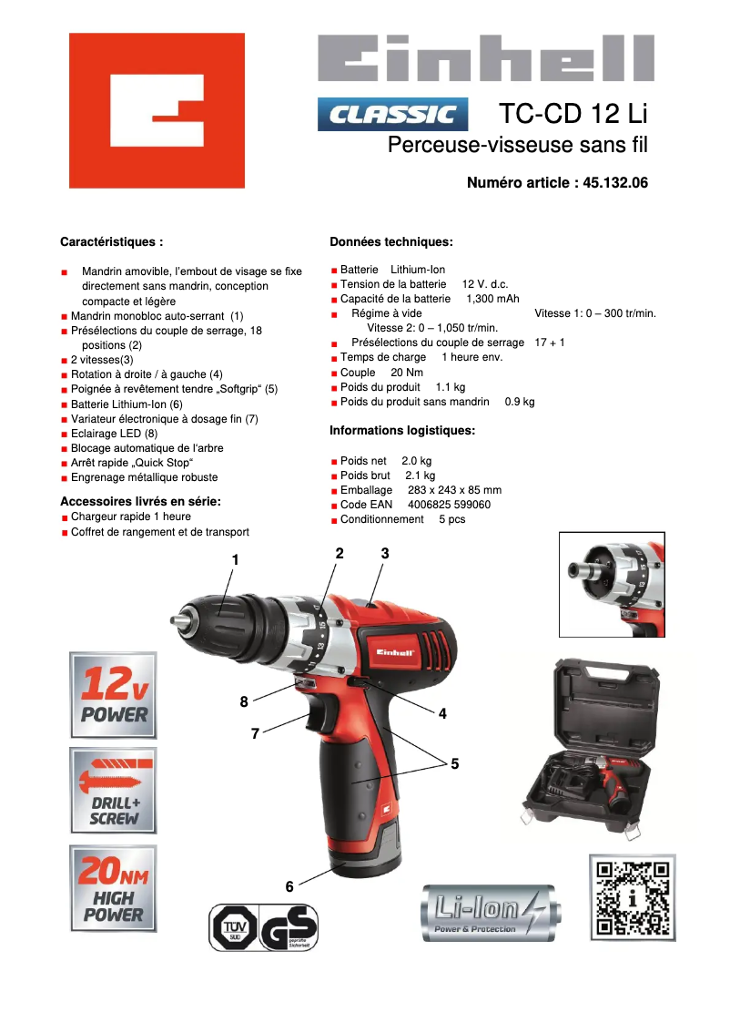 Page n°1 - Fiche technique Einhell TC-CD 12 Li
