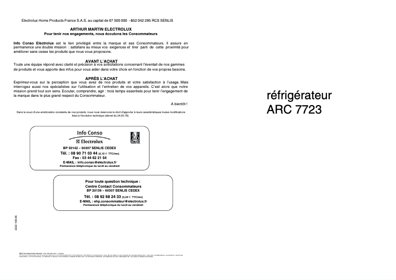 Page 1 de la notice Manuel utilisateur Arthur Martin-Electrolux ARC7723