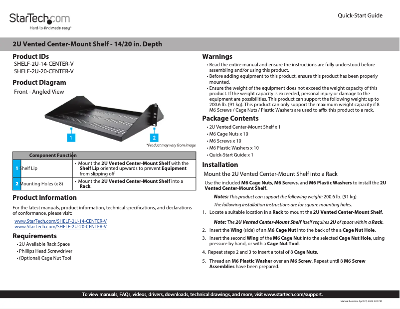 Page 1 de la notice Manuel utilisateur StarTech.com SHELF-2U-14-CENTER-V