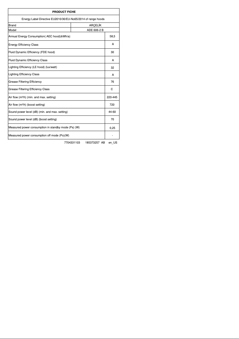 Page n°1 - Fiche technique Arçelik ADE 606-2 B