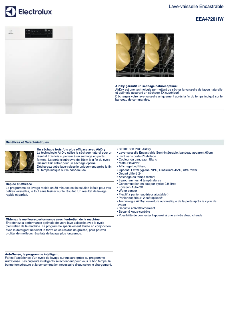 Page 1 de la notice Fiche technique Electrolux EEA47201IW