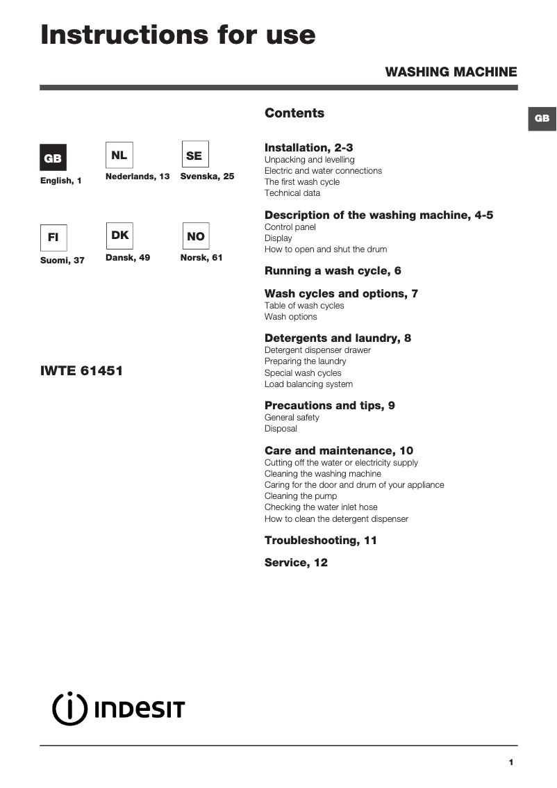 Page n°1 - Manuel utilisateur Indesit IWTE 61451 ECO EU