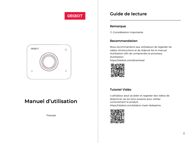 Page 1 de la notice Manuel utilisateur OBSBOT Meet 4K