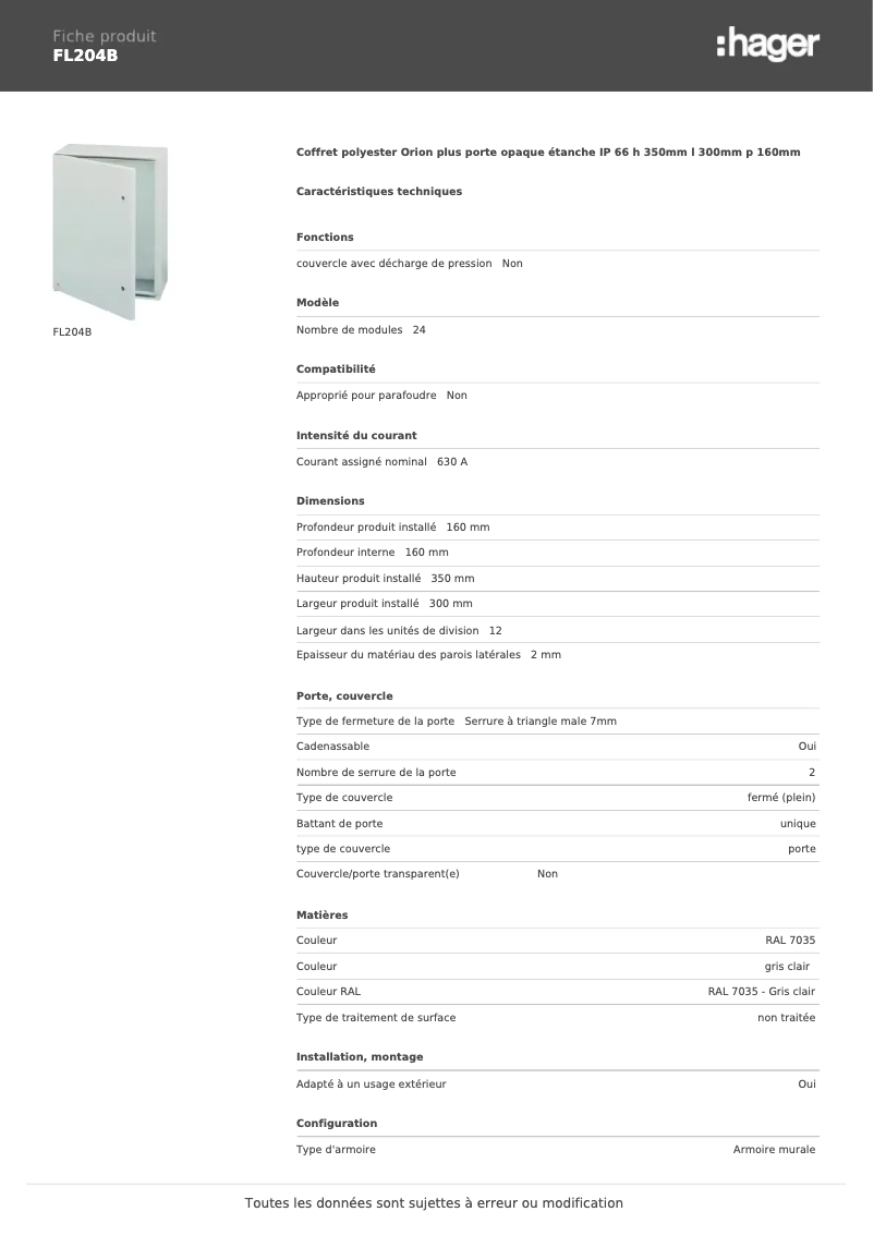 Page 1 de la notice Manuel utilisateur Hager FL204B