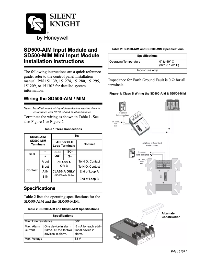 Page n°1 - Manuel utilisateur Silent Knight SD500-AIM