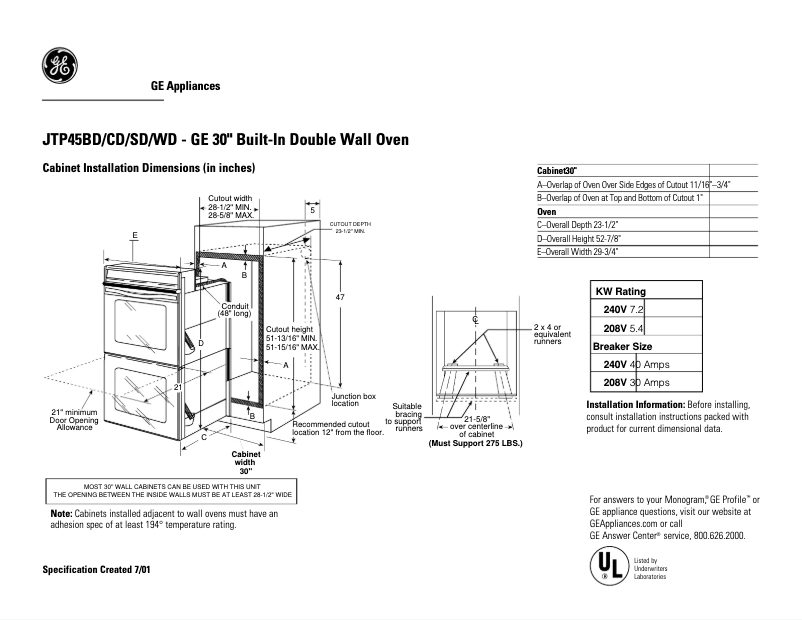 Page 1 de la notice Fiche technique GE JTP45SDSS